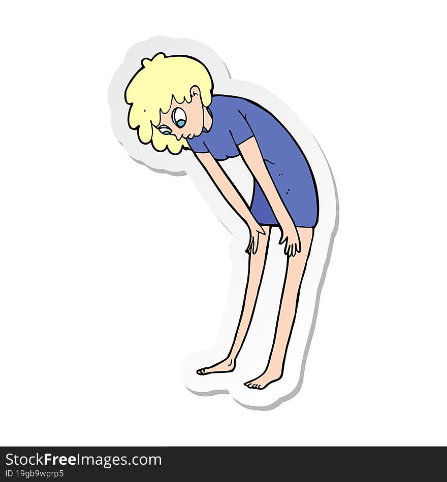 Sticker Of A Cartoon Woman Looking At Her Feet