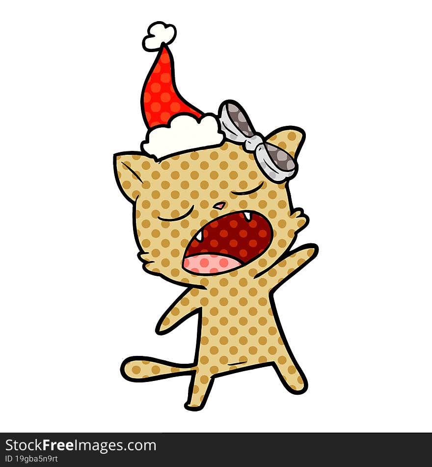 comic book style illustration of a singing cat wearing santa hat