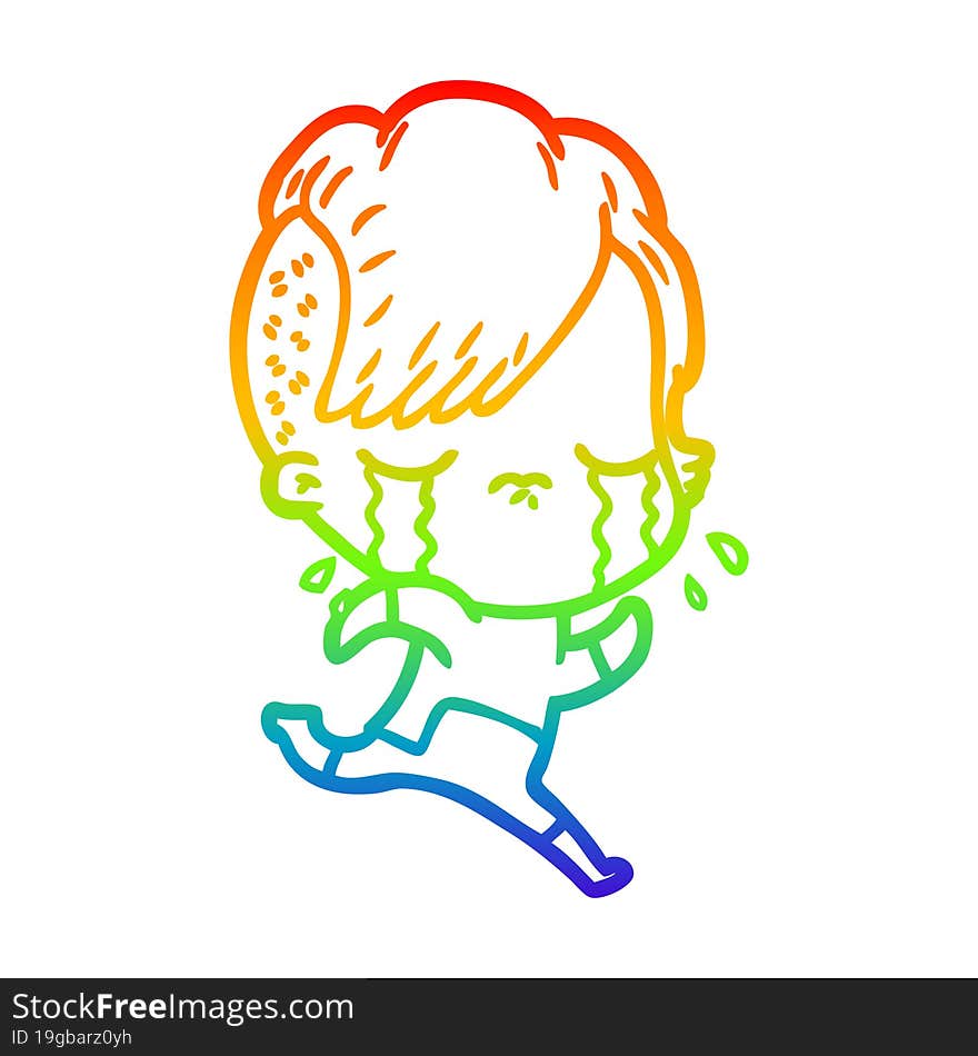 Rainbow Gradient Line Drawing Cartoon Crying Girl Wearing Space Clothes