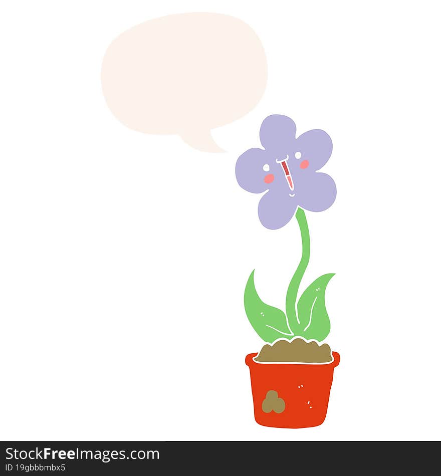 cute cartoon flower with speech bubble in retro style