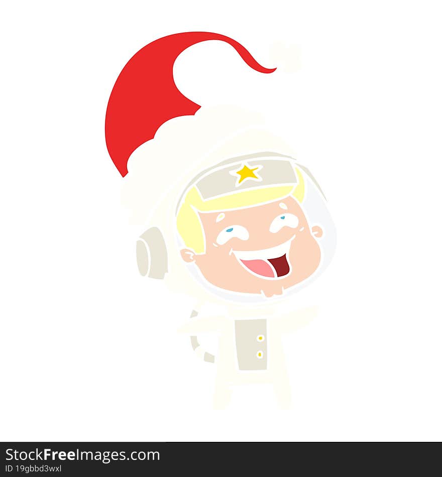 hand drawn flat color illustration of a laughing astronaut wearing santa hat