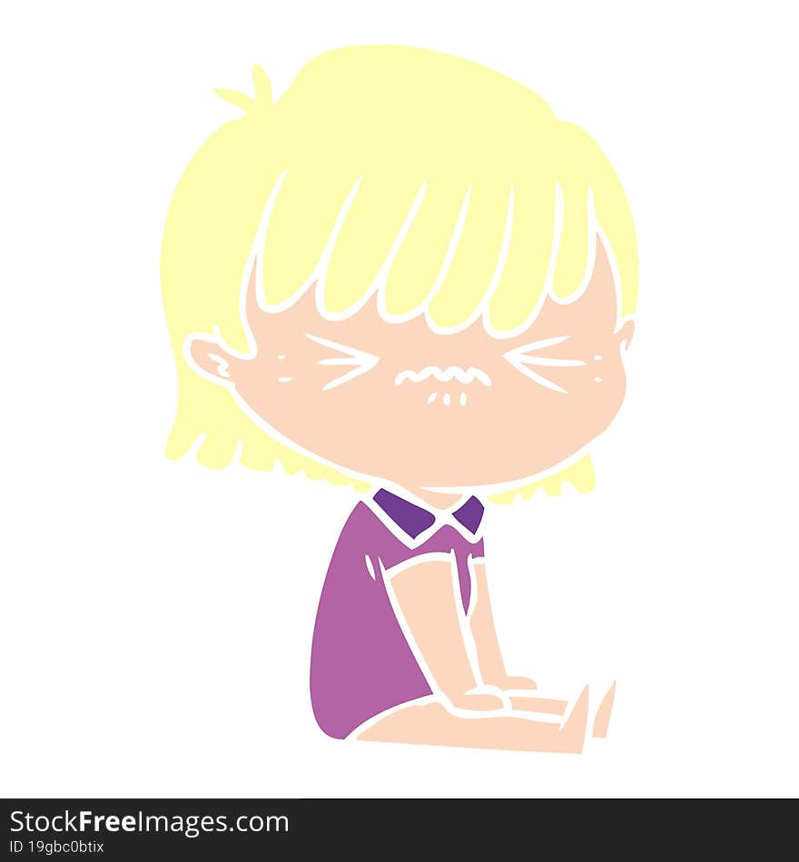 Annoyed Flat Color Style Cartoon Girl Sitting