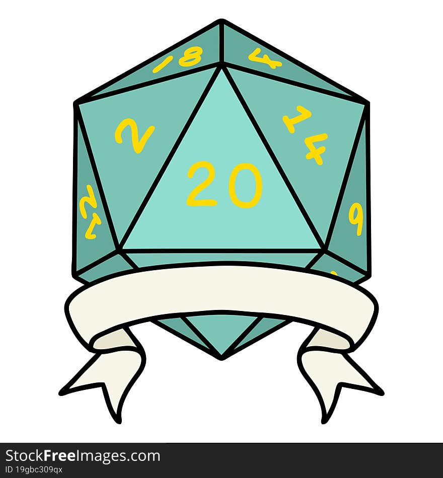 Retro Tattoo Style natural 20 critical hit D20 dice roll. Retro Tattoo Style natural 20 critical hit D20 dice roll