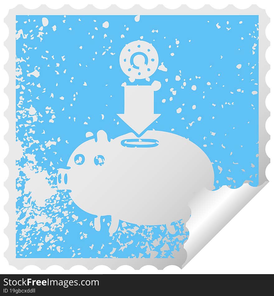 distressed square peeling sticker symbol of a piggy bank