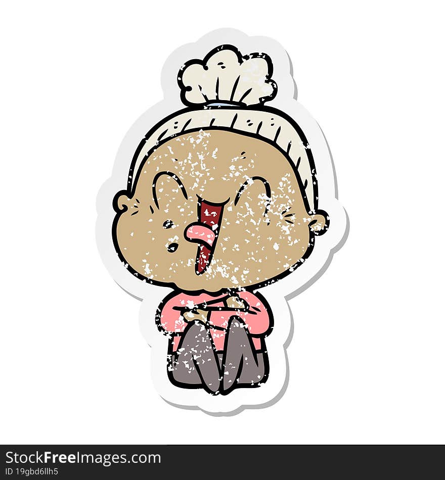 distressed sticker of a cartoon happy old woman