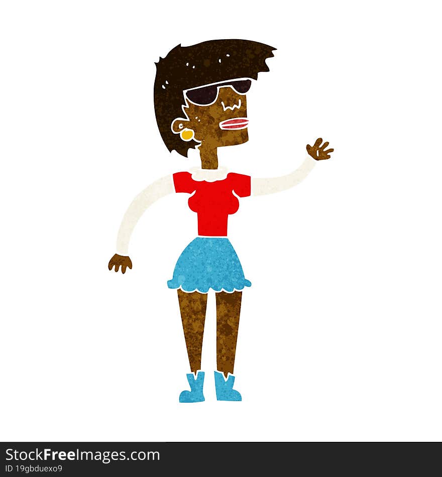 cartoon woman in spectacles waving