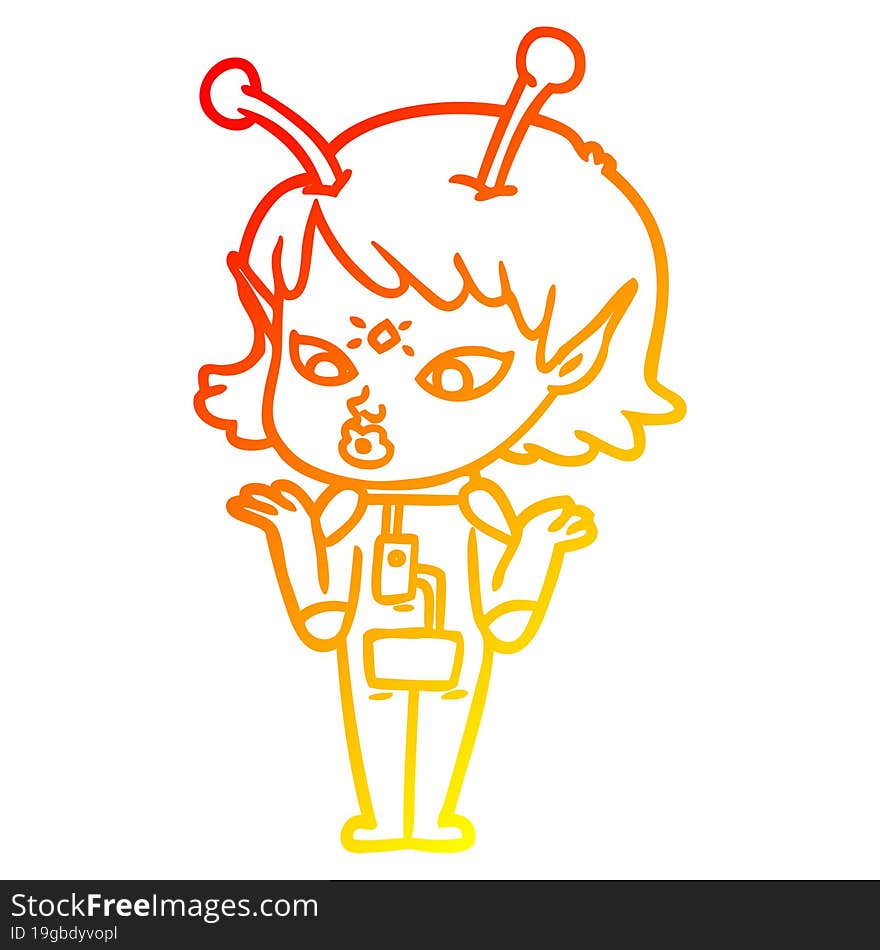 warm gradient line drawing pretty cartoon alien girl