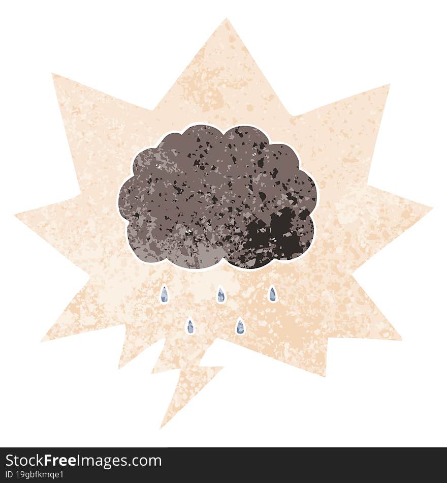 cartoon cloud raining and speech bubble in retro textured style