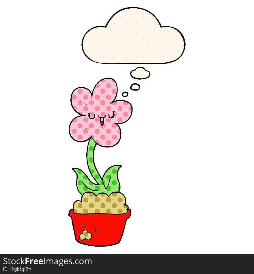 Cute Cartoon Flower And Thought Bubble In Comic Book Style