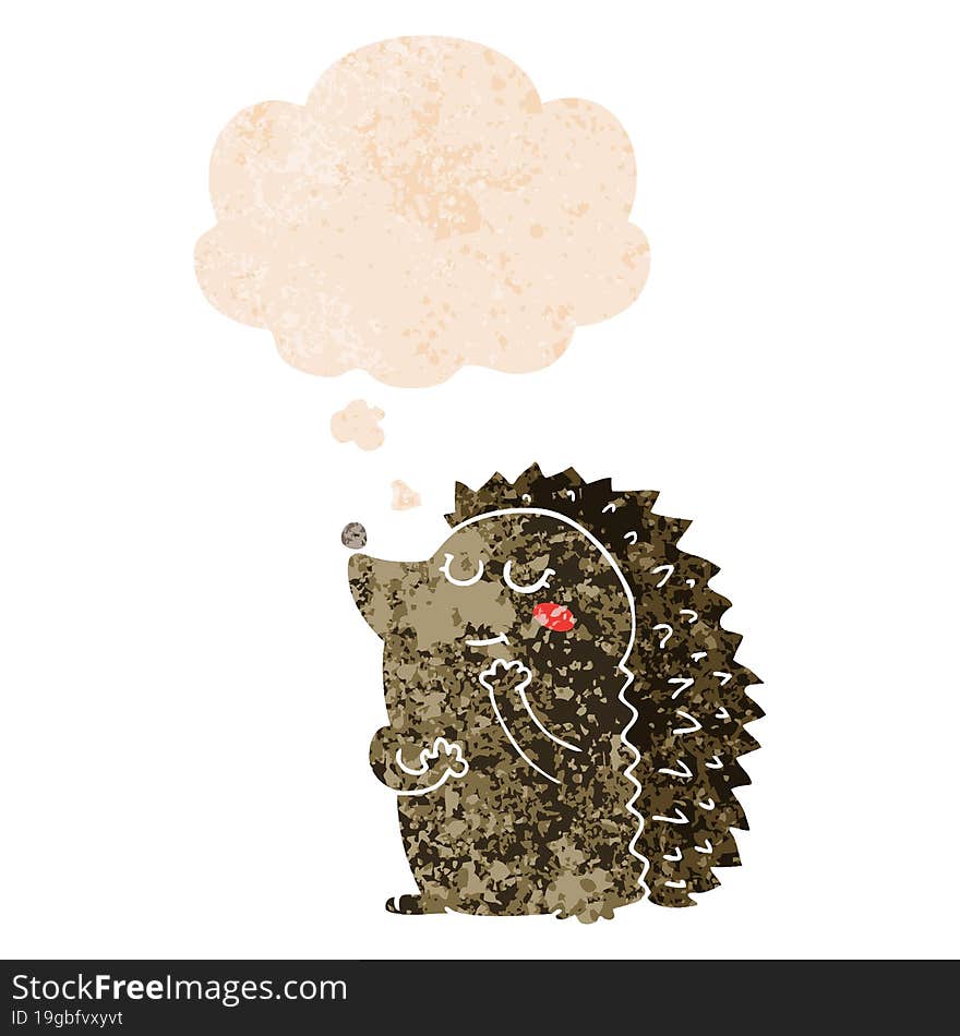 cute cartoon hedgehog and thought bubble in retro textured style