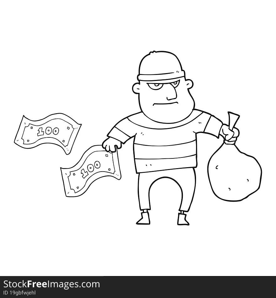 freehand drawn black and white cartoon bank robber