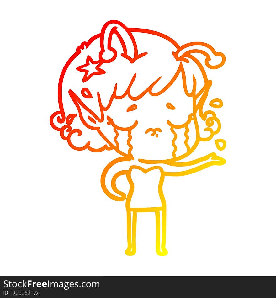 warm gradient line drawing cartoon crying alien girl