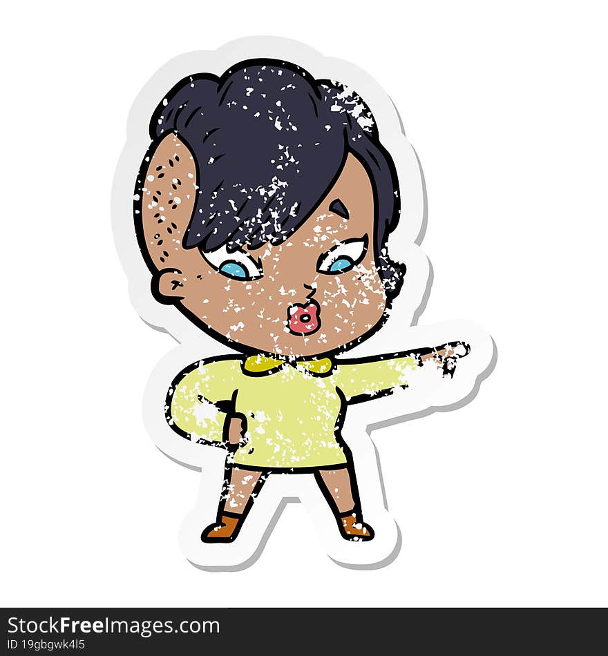 distressed sticker of a cartoon surprised girl pointing