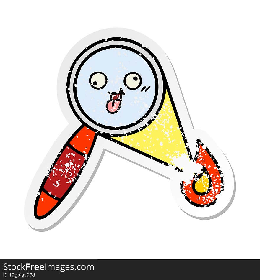 distressed sticker of a cute cartoon magnifying glass