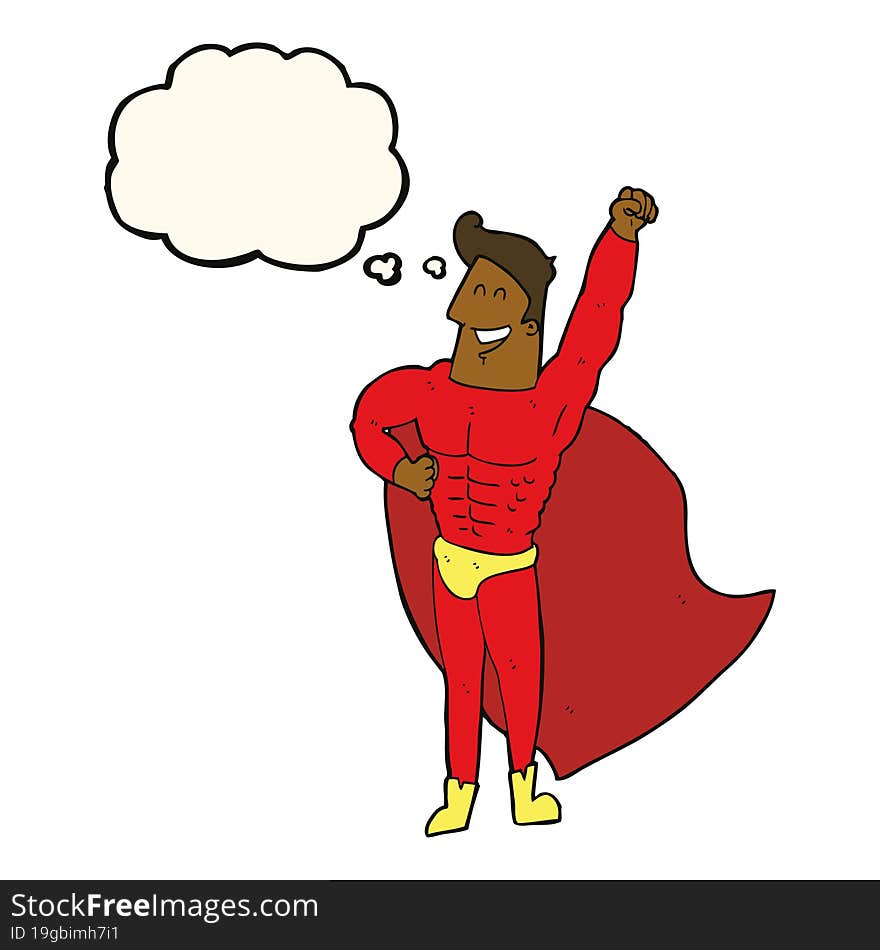 cartoon superhero with thought bubble