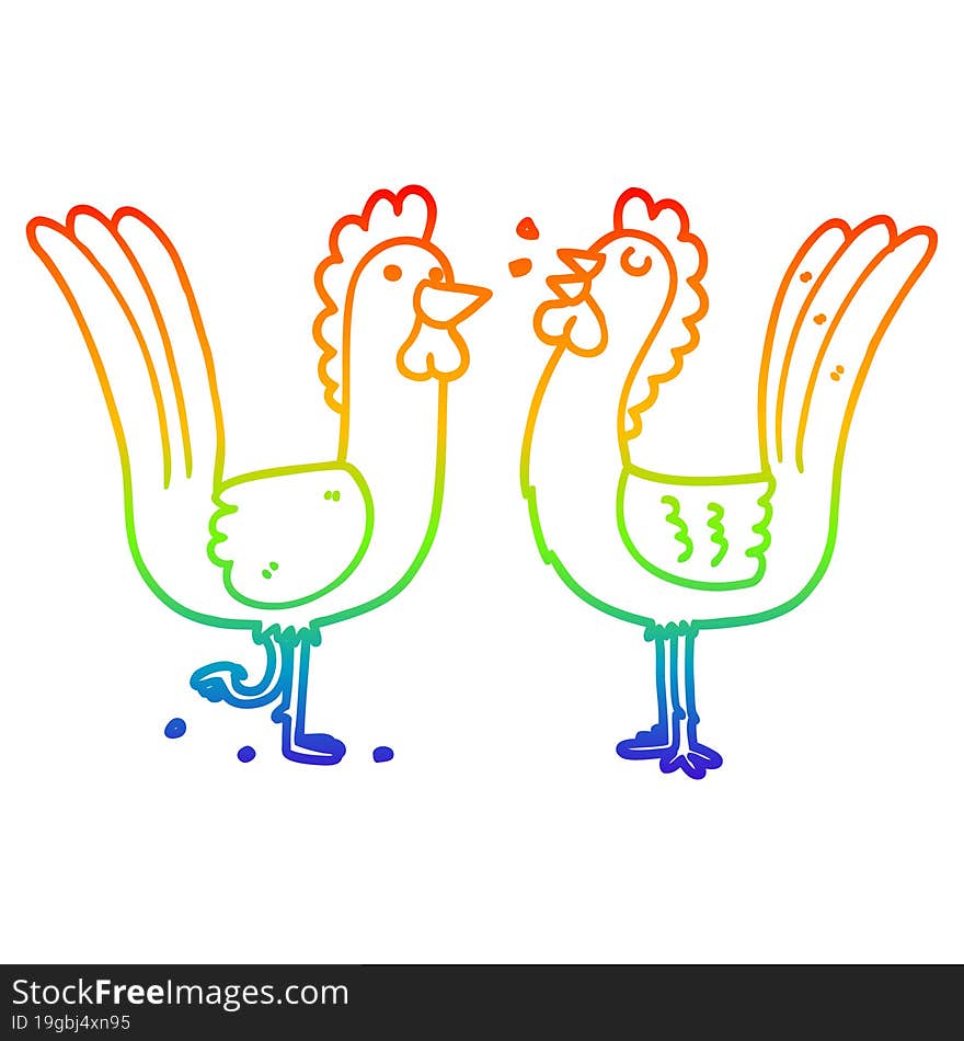 rainbow gradient line drawing of a cartoon chickens