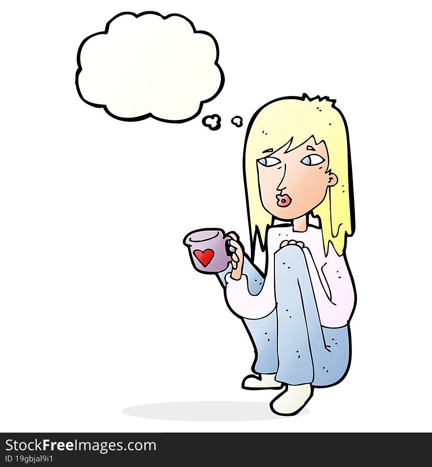 Cartoon Woman Sitting With Cup Of Coffee With Thought Bubble