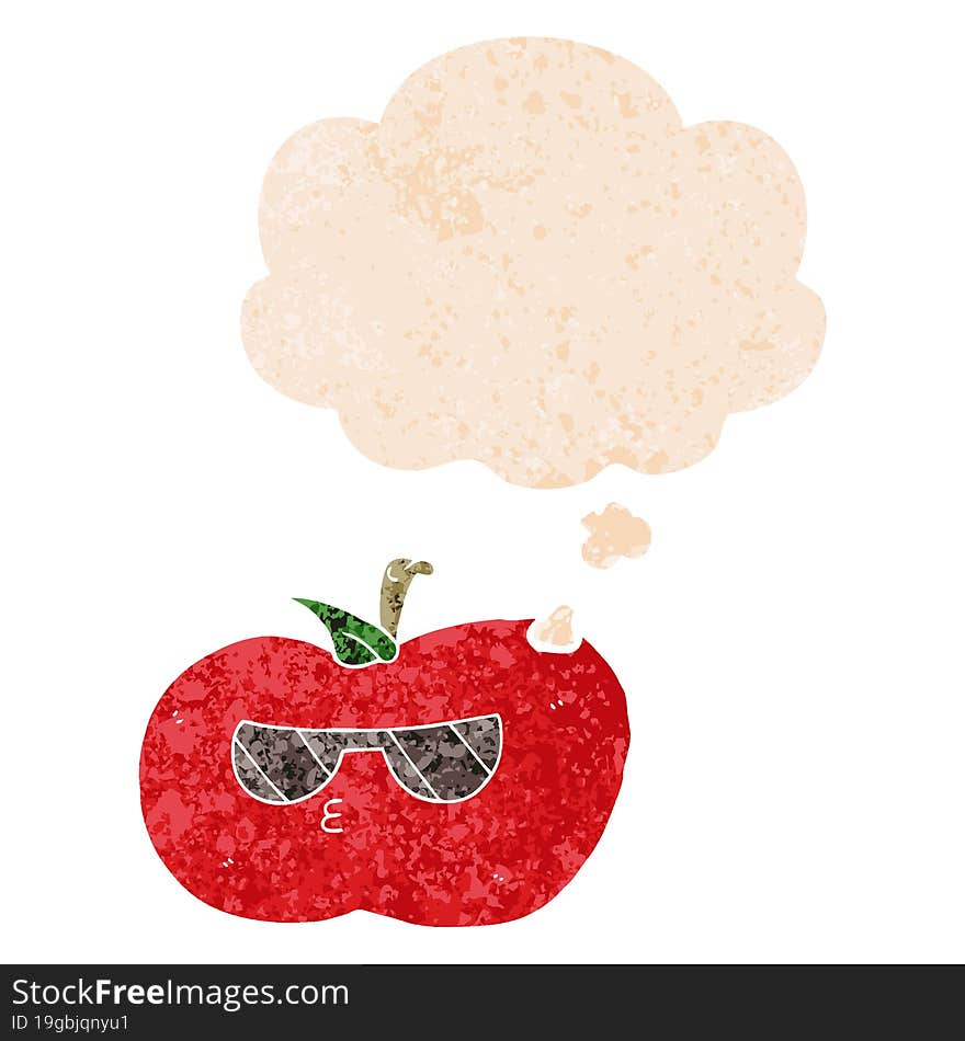 cartoon cool apple and thought bubble in retro textured style