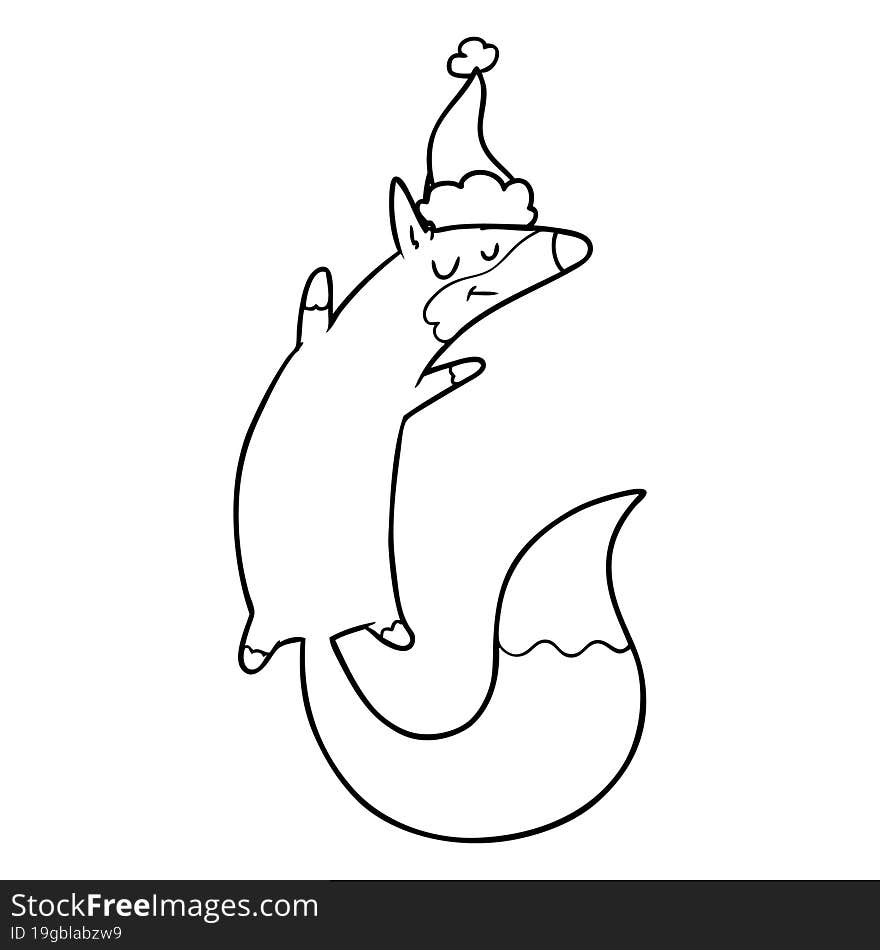 Line Drawing Of A Jumping Fox Wearing Santa Hat