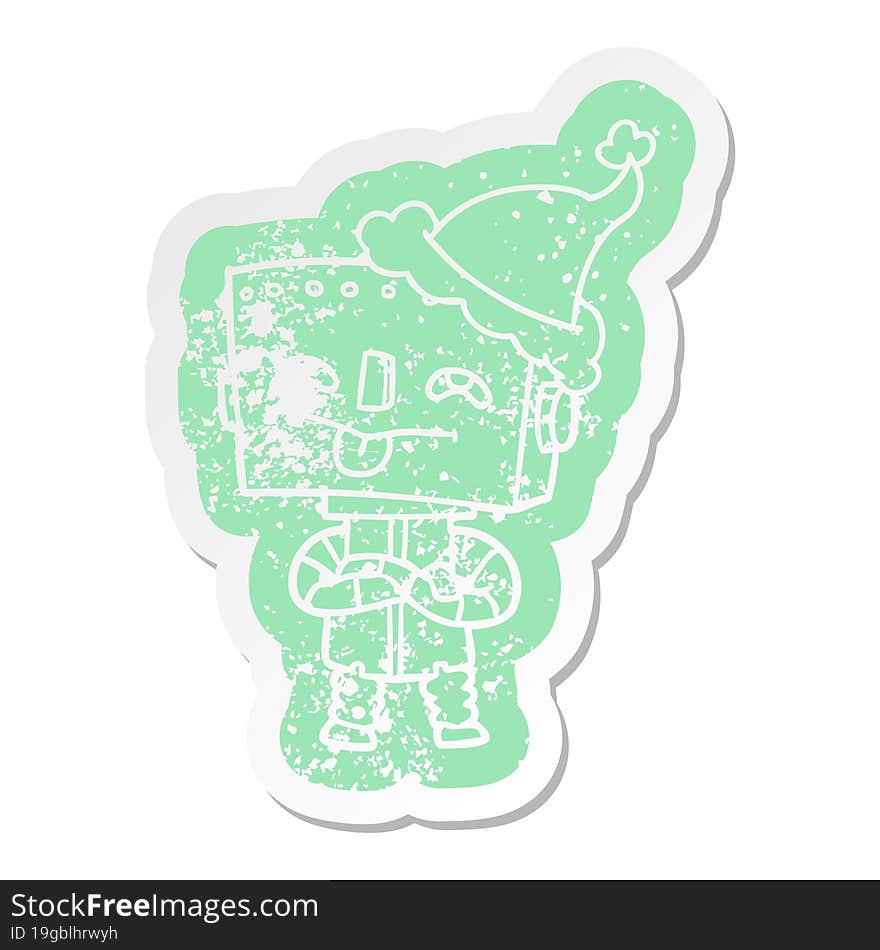 Cartoon Distressed Sticker Of A Robot Wearing Santa Hat