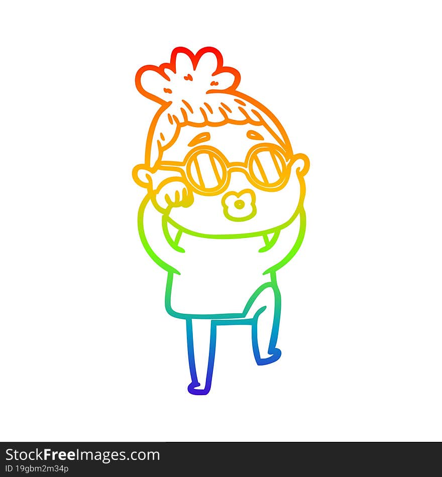 rainbow gradient line drawing cartoon tired woman wearing spectacles