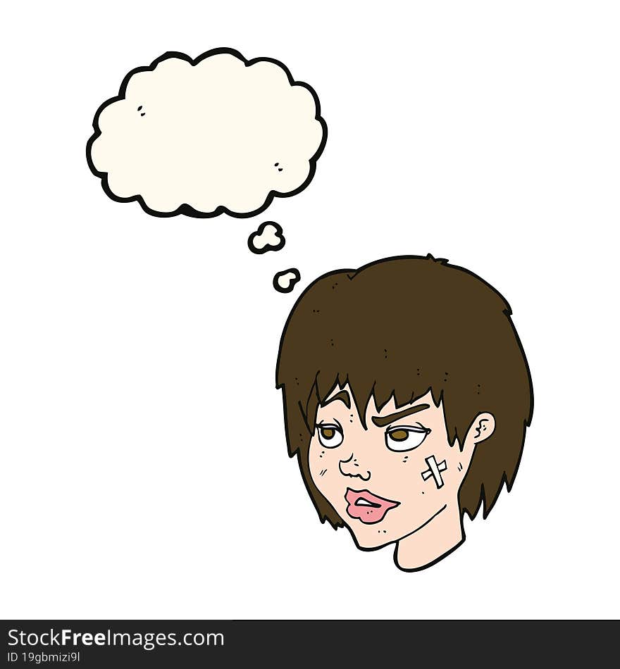 cartoon woman with plaster on face with thought bubble