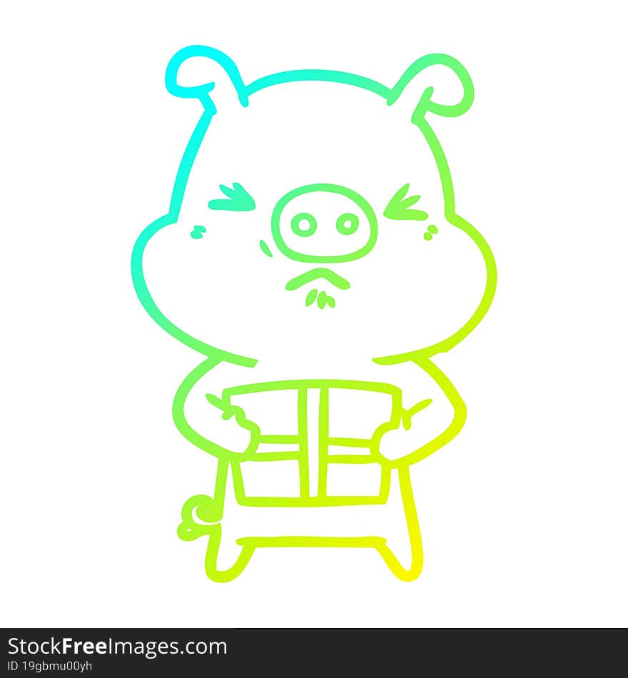 cold gradient line drawing of a cartoon angry pig with christmas present