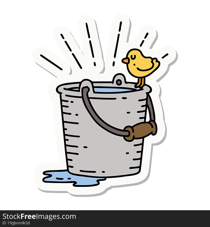 sticker of tattoo style bird perched on bucket of water