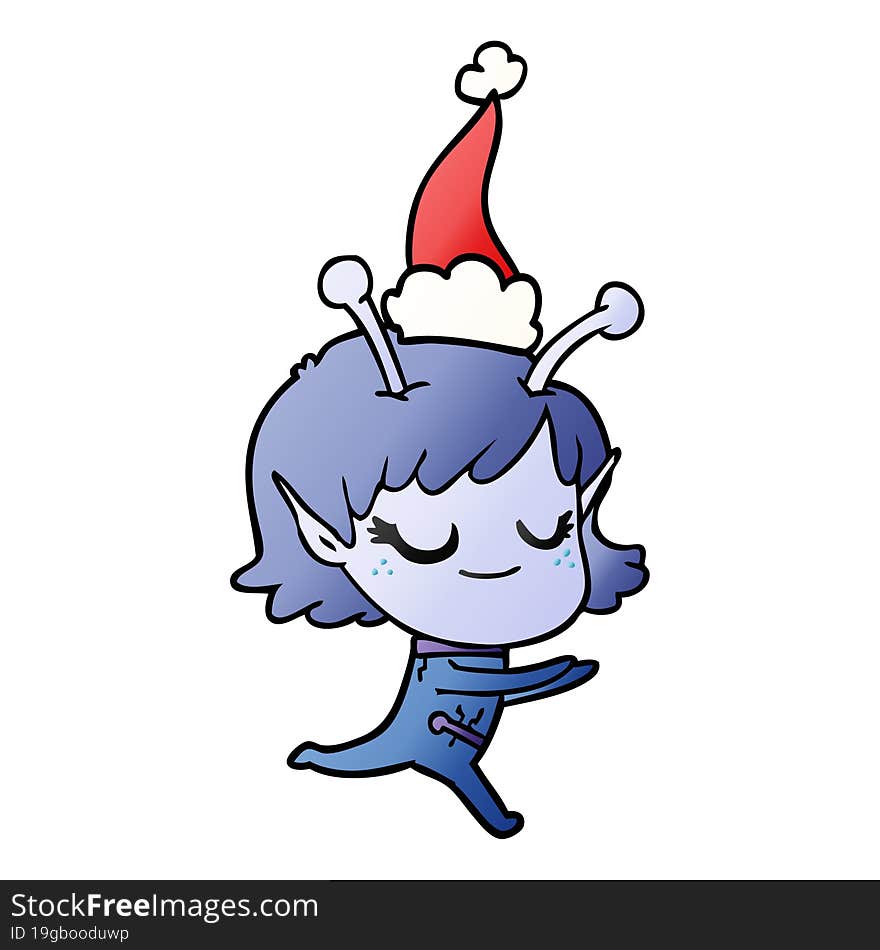 Smiling Alien Girl Gradient Cartoon Of A Running Wearing Santa Hat