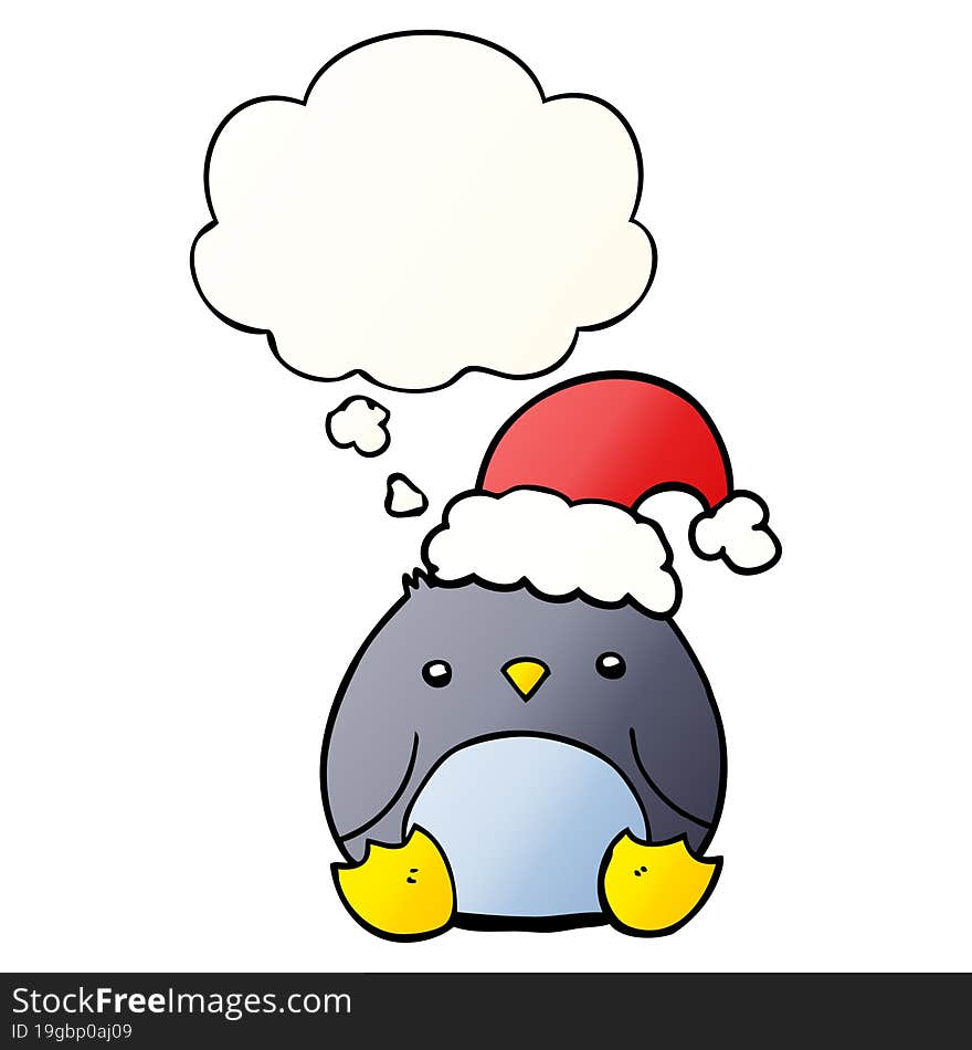 cute cartoon penguin wearing christmas hat with thought bubble in smooth gradient style