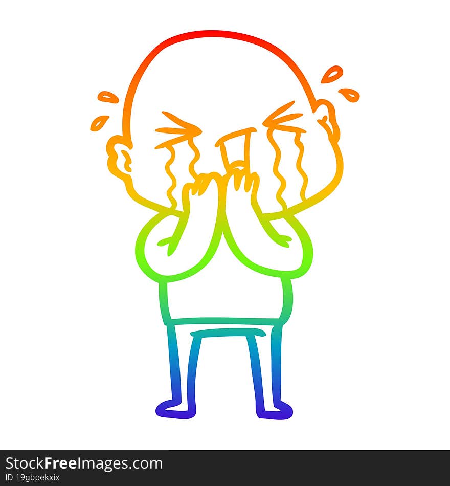 rainbow gradient line drawing cartoon crying bald man