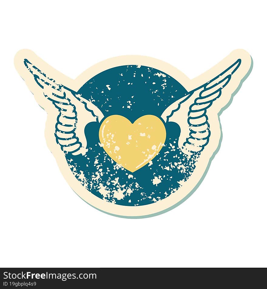 iconic distressed sticker tattoo style image of a heart with wings. iconic distressed sticker tattoo style image of a heart with wings