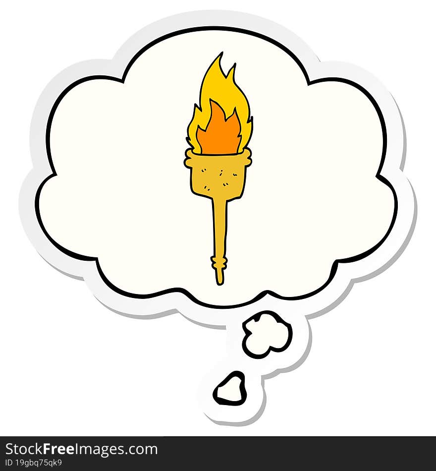 cartoon flaming torch and thought bubble as a printed sticker