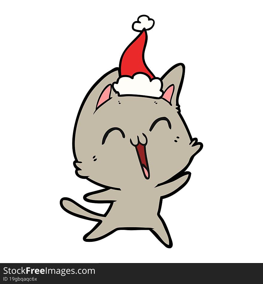 happy line drawing of a cat wearing santa hat