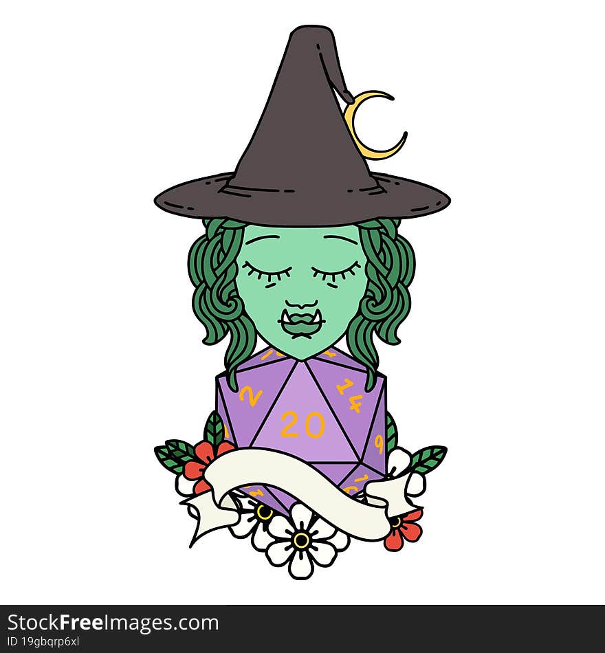 half orc witch character with natural twenty dice roll illustration