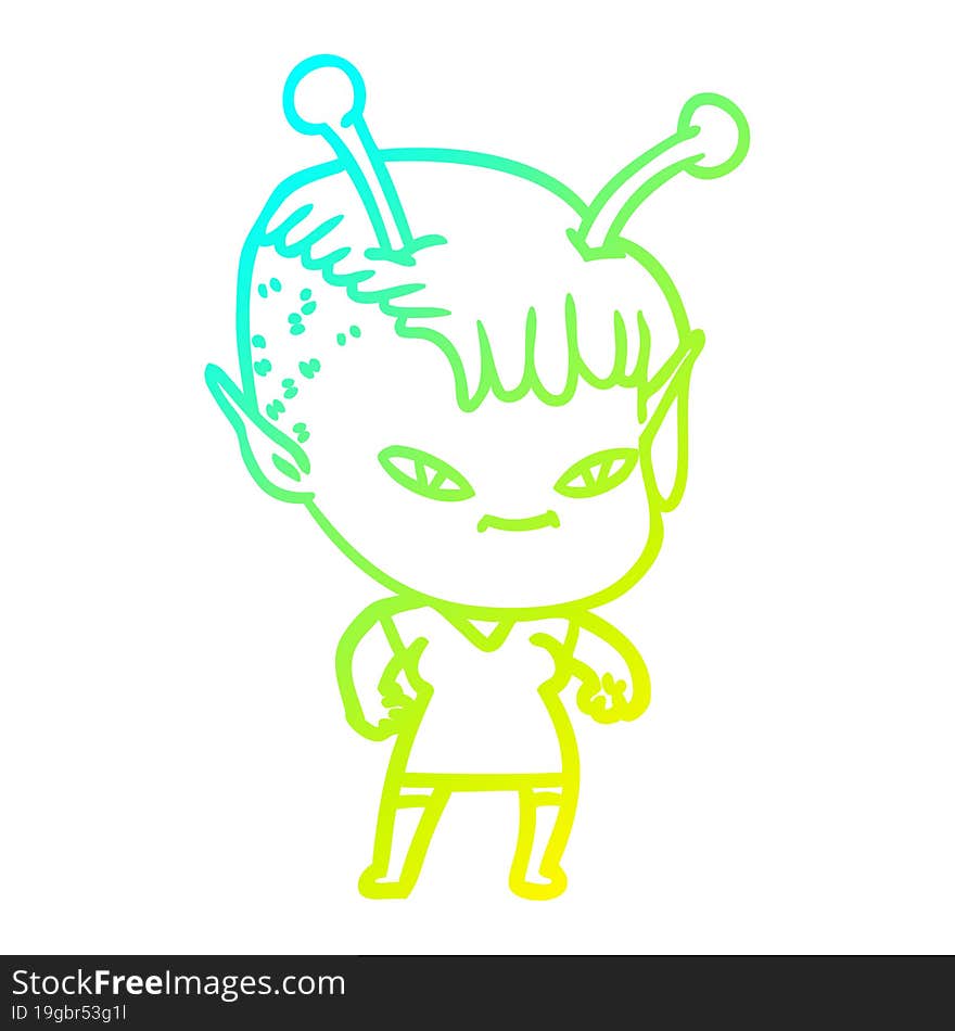 cold gradient line drawing of a cute cartoon alien girl