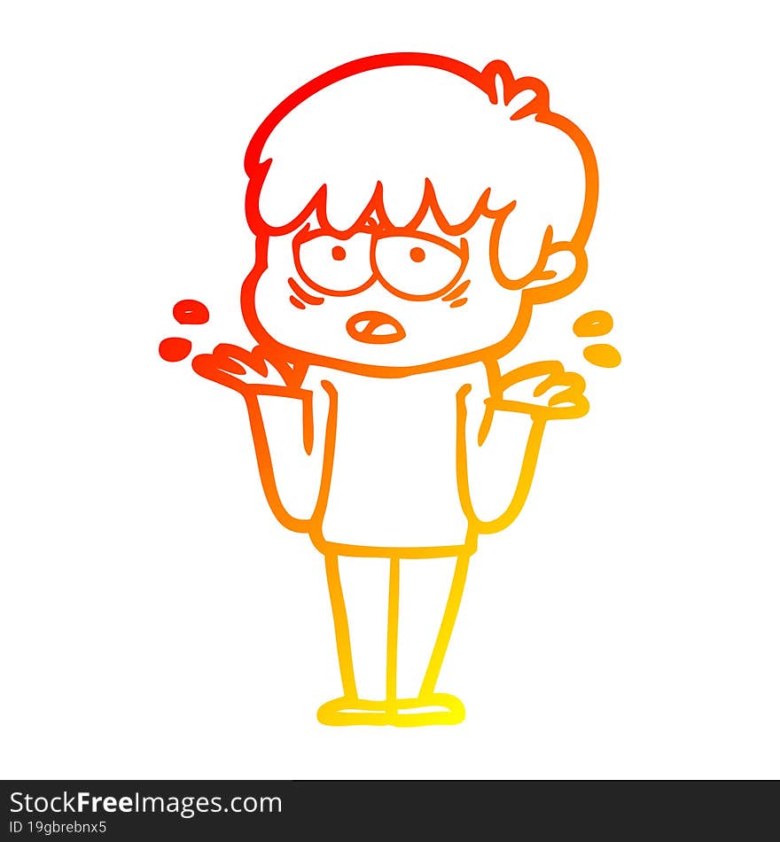warm gradient line drawing of a cartoon exhausted boy shrugging shoulders