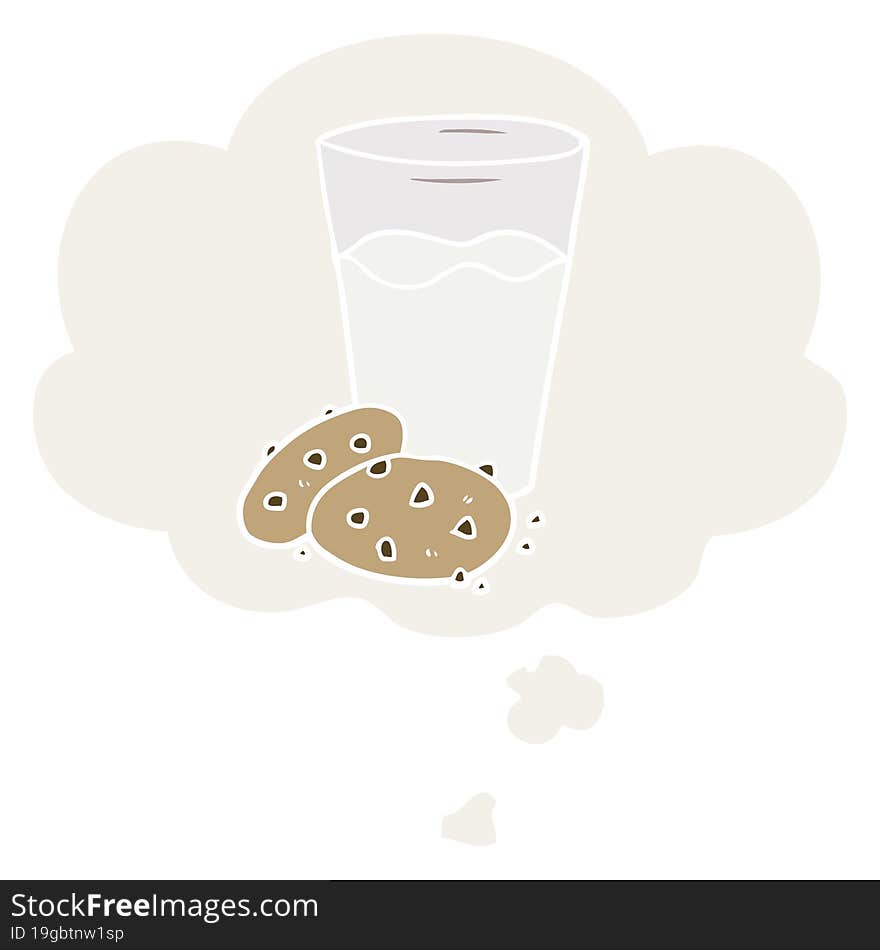 cartoon cookies and milk with thought bubble in retro style