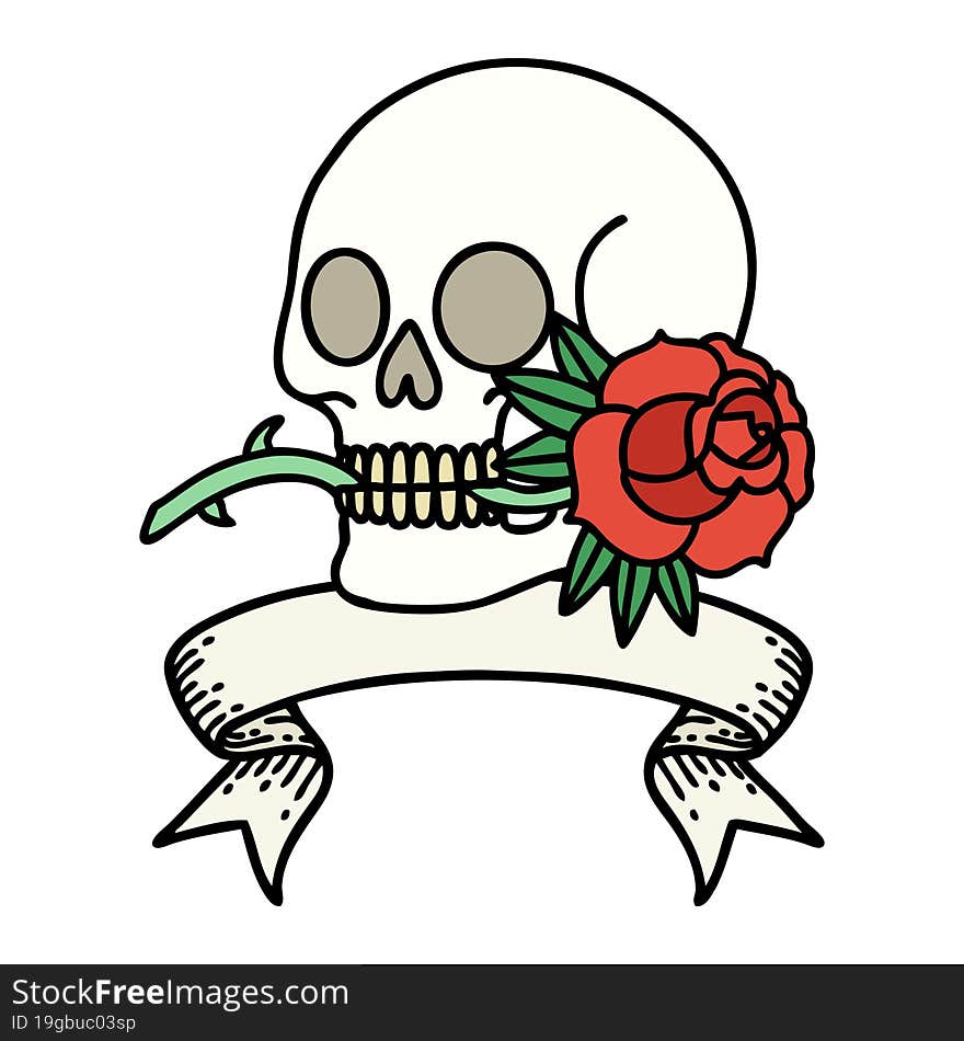 traditional tattoo with banner of a skull and rose