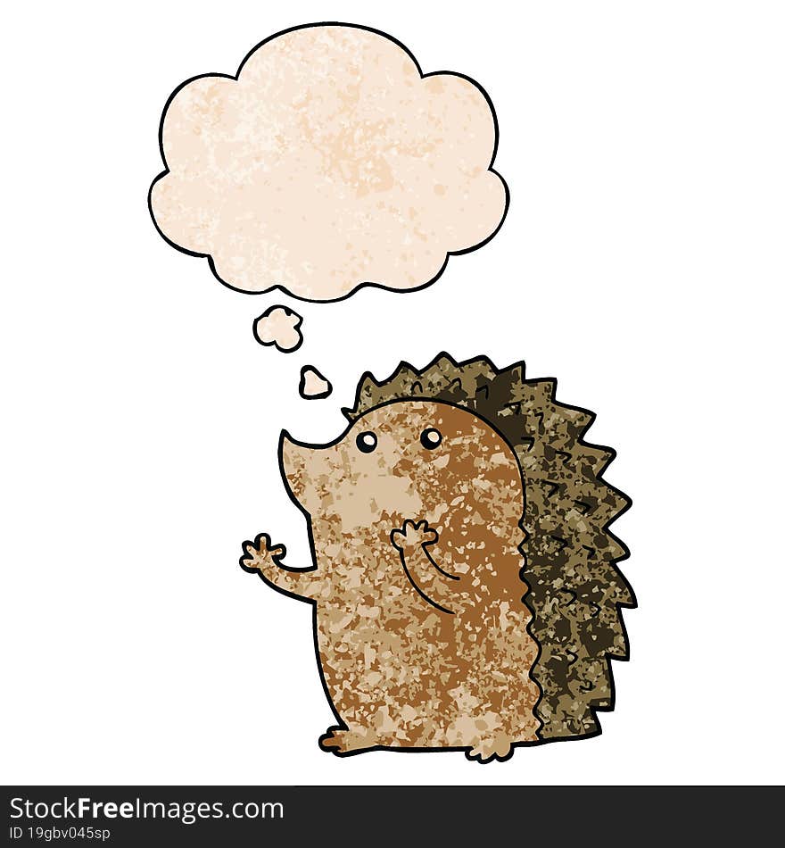 cartoon hedgehog and thought bubble in grunge texture pattern style