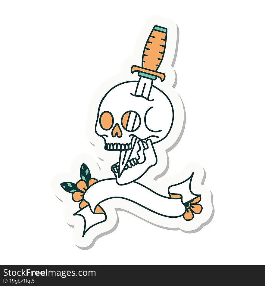 tattoo sticker with banner of a skull and dagger