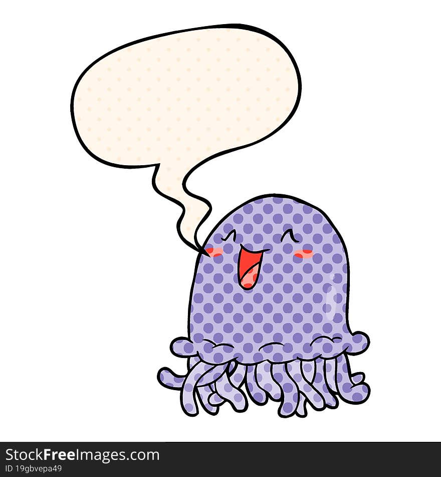 happy cartoon jellyfish and speech bubble in comic book style