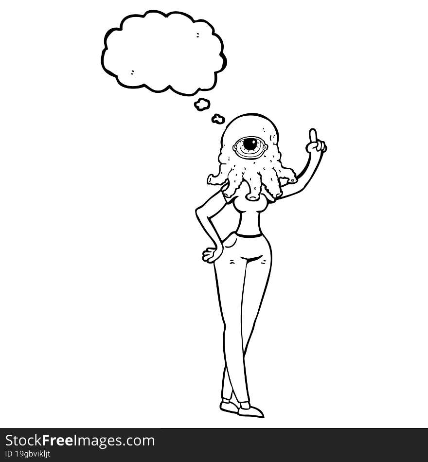 freehand drawn thought bubble cartoon female alien with raised hand