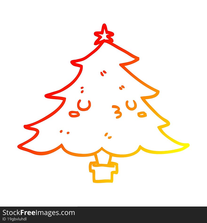 warm gradient line drawing of a cute cartoon christmas tree