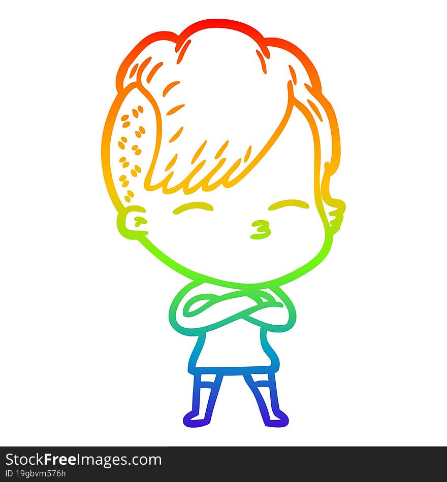 rainbow gradient line drawing of a cartoon squinting girl