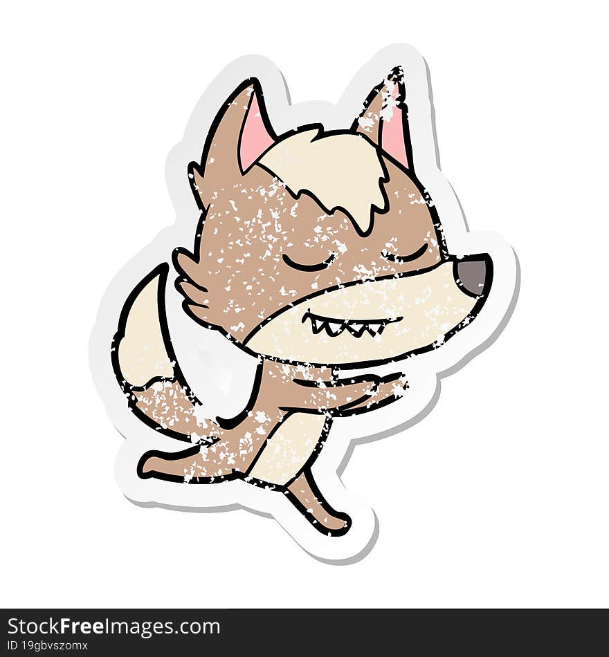 Distressed Sticker Of A Friendly Cartoon Wolf Running