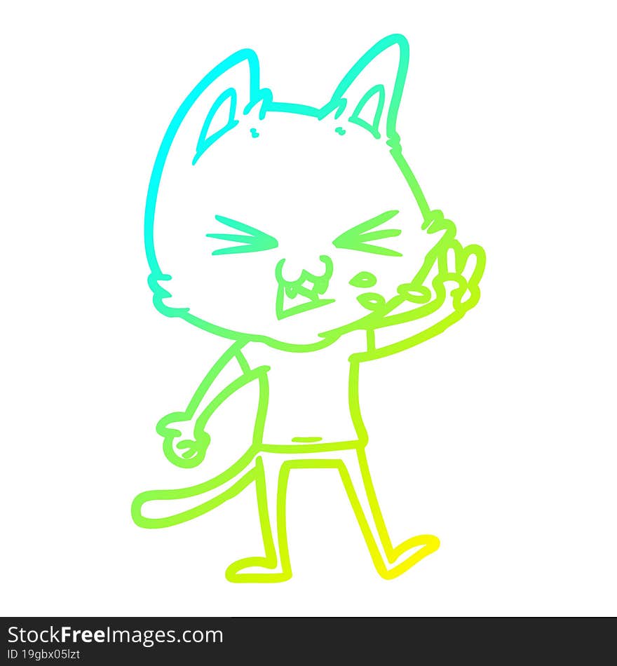 cold gradient line drawing of a cartoon cat hissing