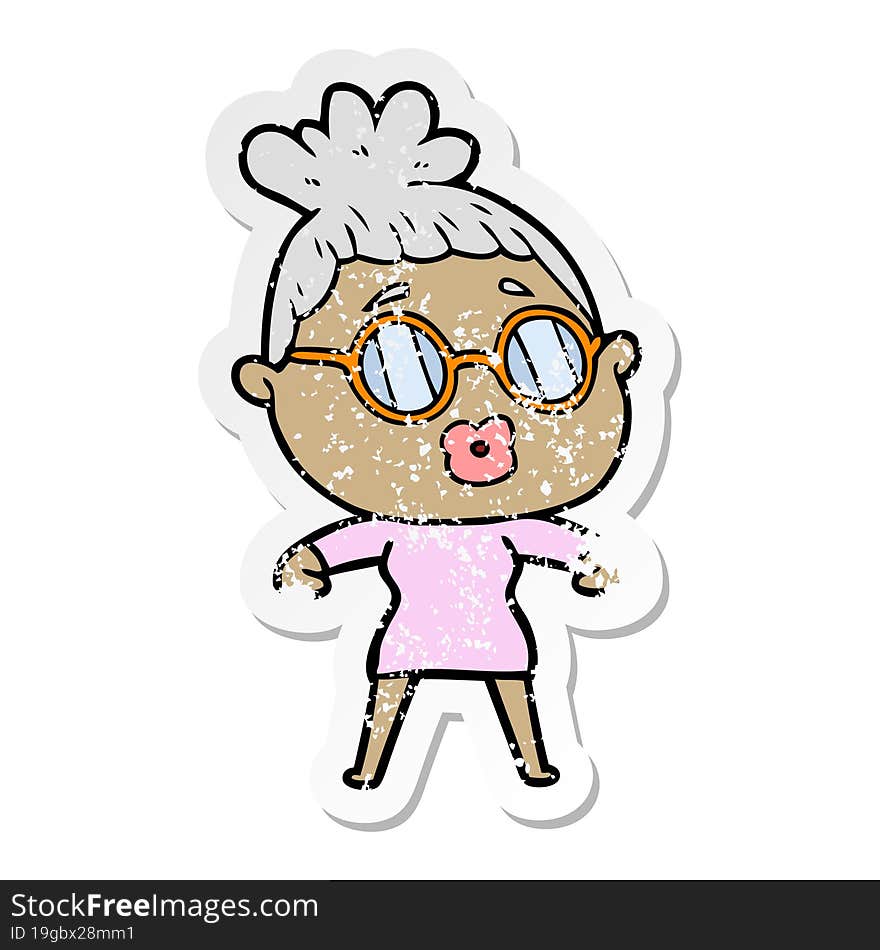 distressed sticker of a cartoon woman wearing spectacles