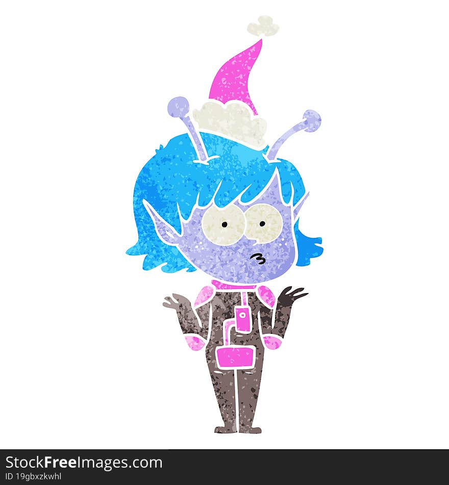 retro cartoon of a alien girl wearing santa hat