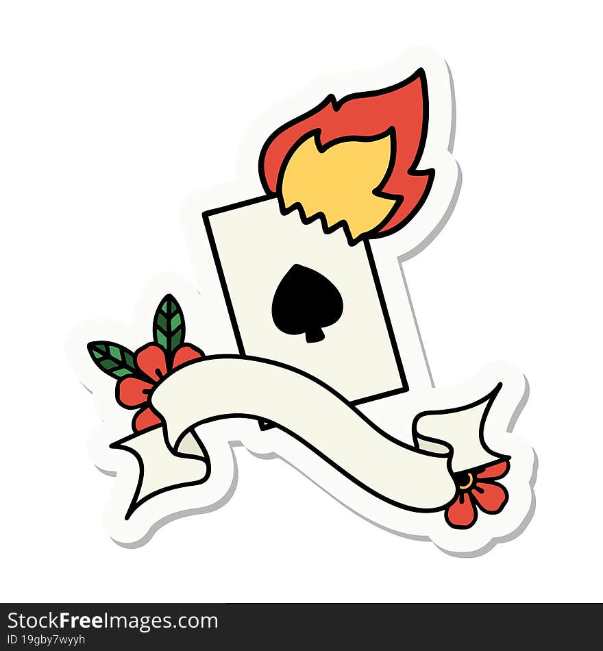 Tattoo Sticker With Banner Of A Flaming Card